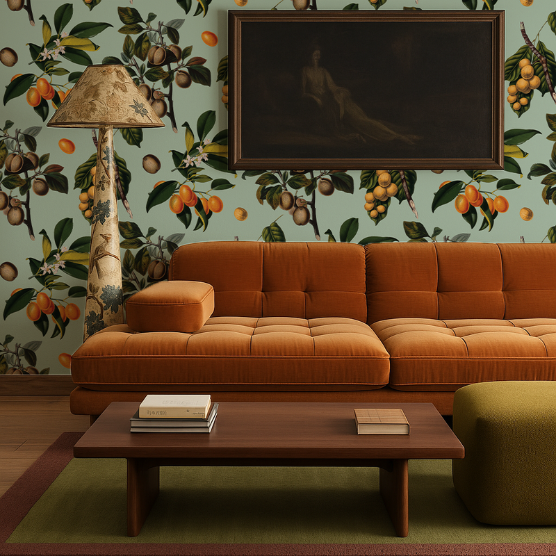 Vintage Orchard Wallpaper, robin egg-zoom-