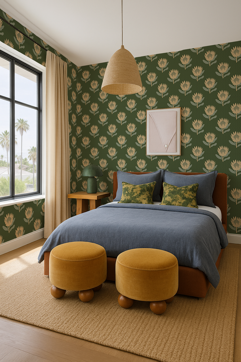 King Protea Wallpaper, forest green and butter yellow-zoom-