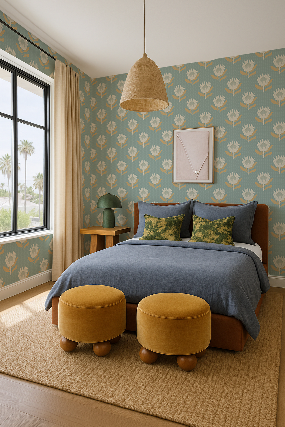 King Protea Wallpaper, Light Blue and Apricot