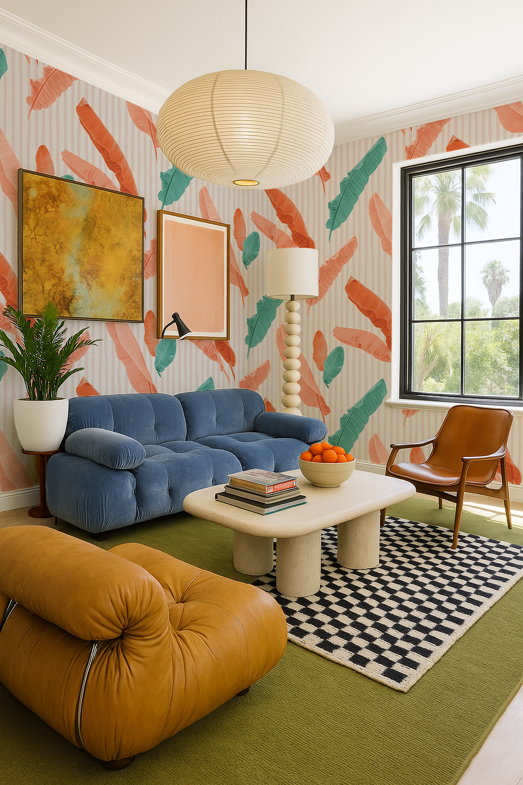Banana Cabana Wallpaper, coral and teal-4