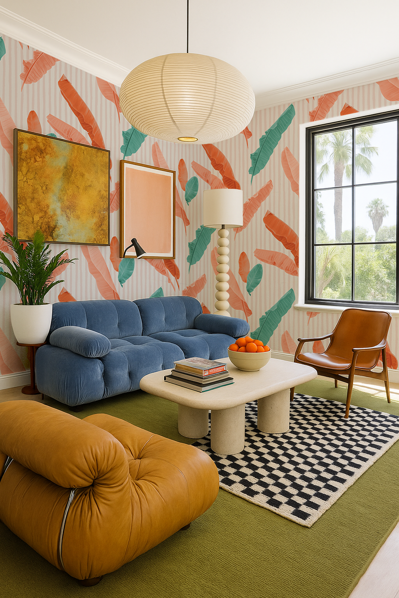 Banana Cabana Wallpaper, coral and teal-zoom-