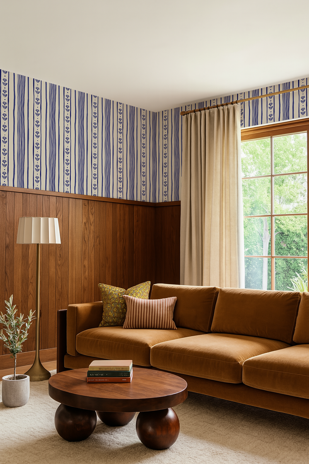 Daisy Chain Stripe Wallpaper, beige and blue-zoom-5