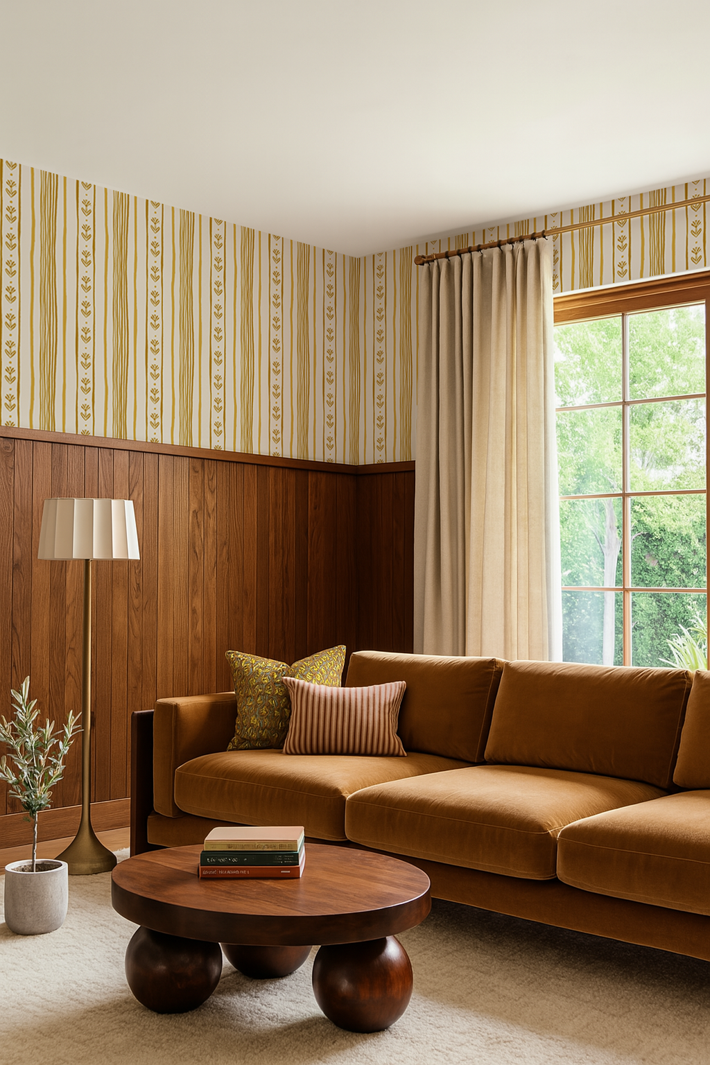 Daisy Chain Stripe Wallpaper, beige and yellow-zoom-3