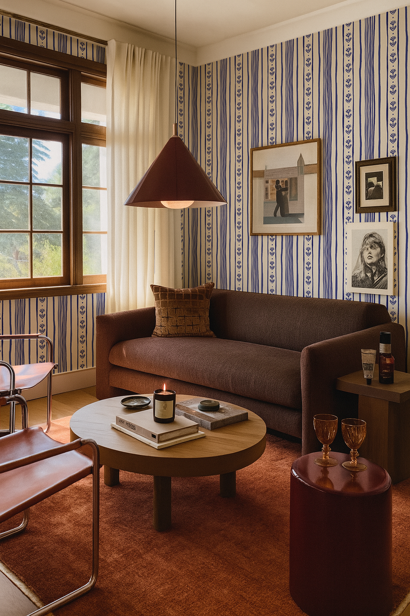 Daisy Chain Stripe Wallpaper, beige and blue-zoom-