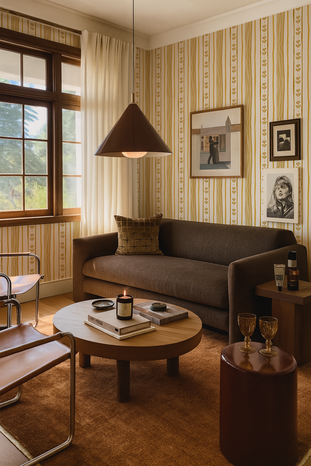 Daisy Chain Stripe Wallpaper, beige and yellow-1