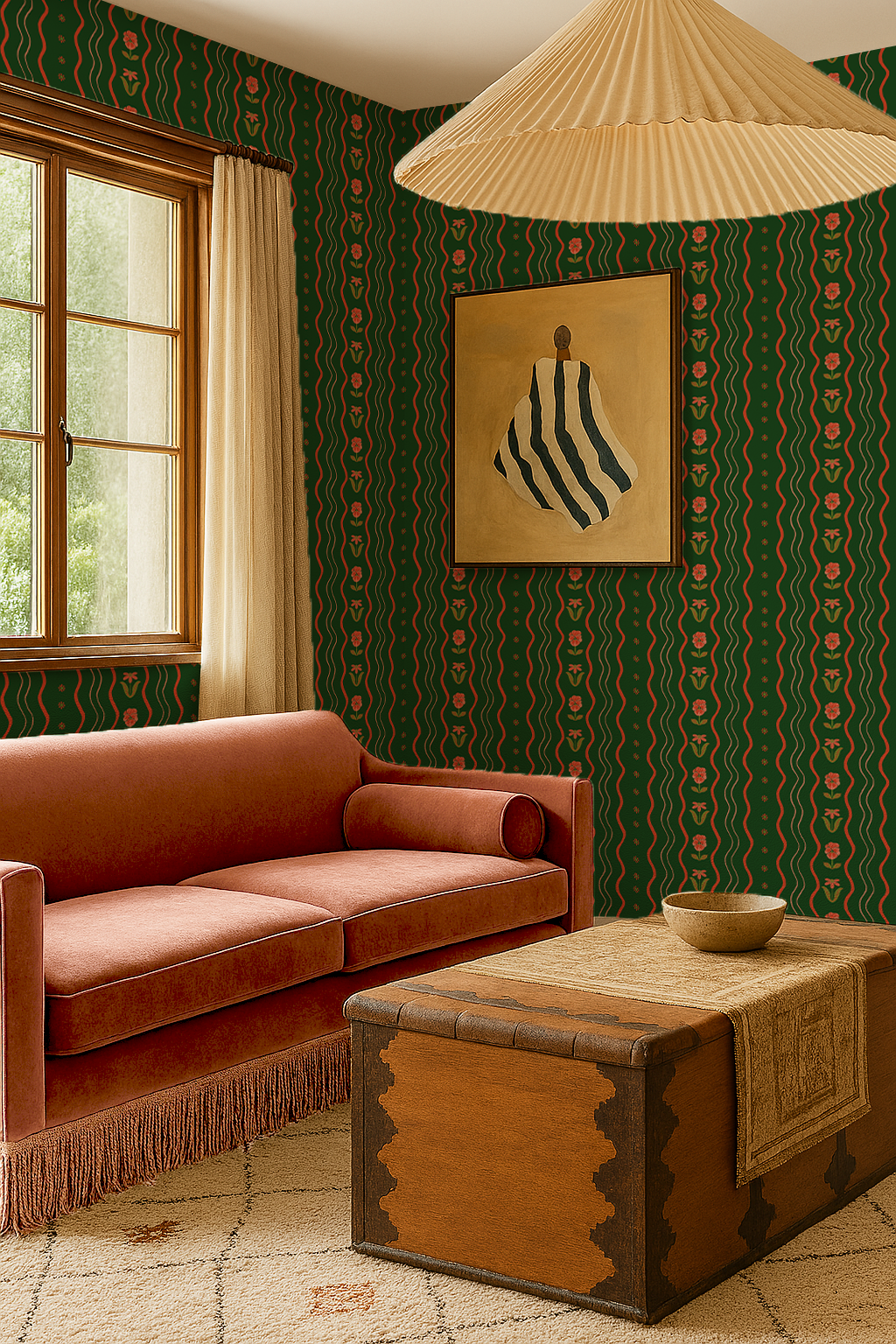 Posy Lane Stripe Wallpaper, dark green and poppy red-3