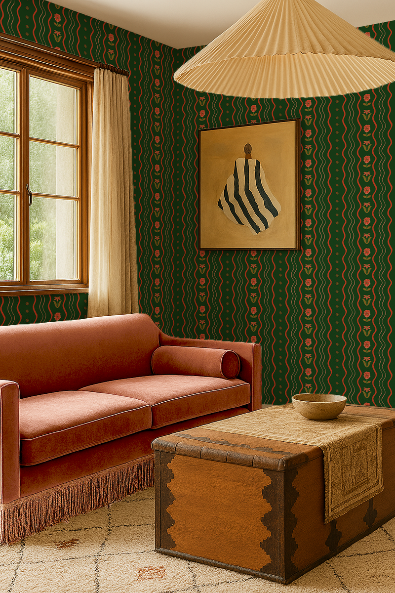 Posy Lane Stripe Wallpaper, dark green and poppy red-zoom-