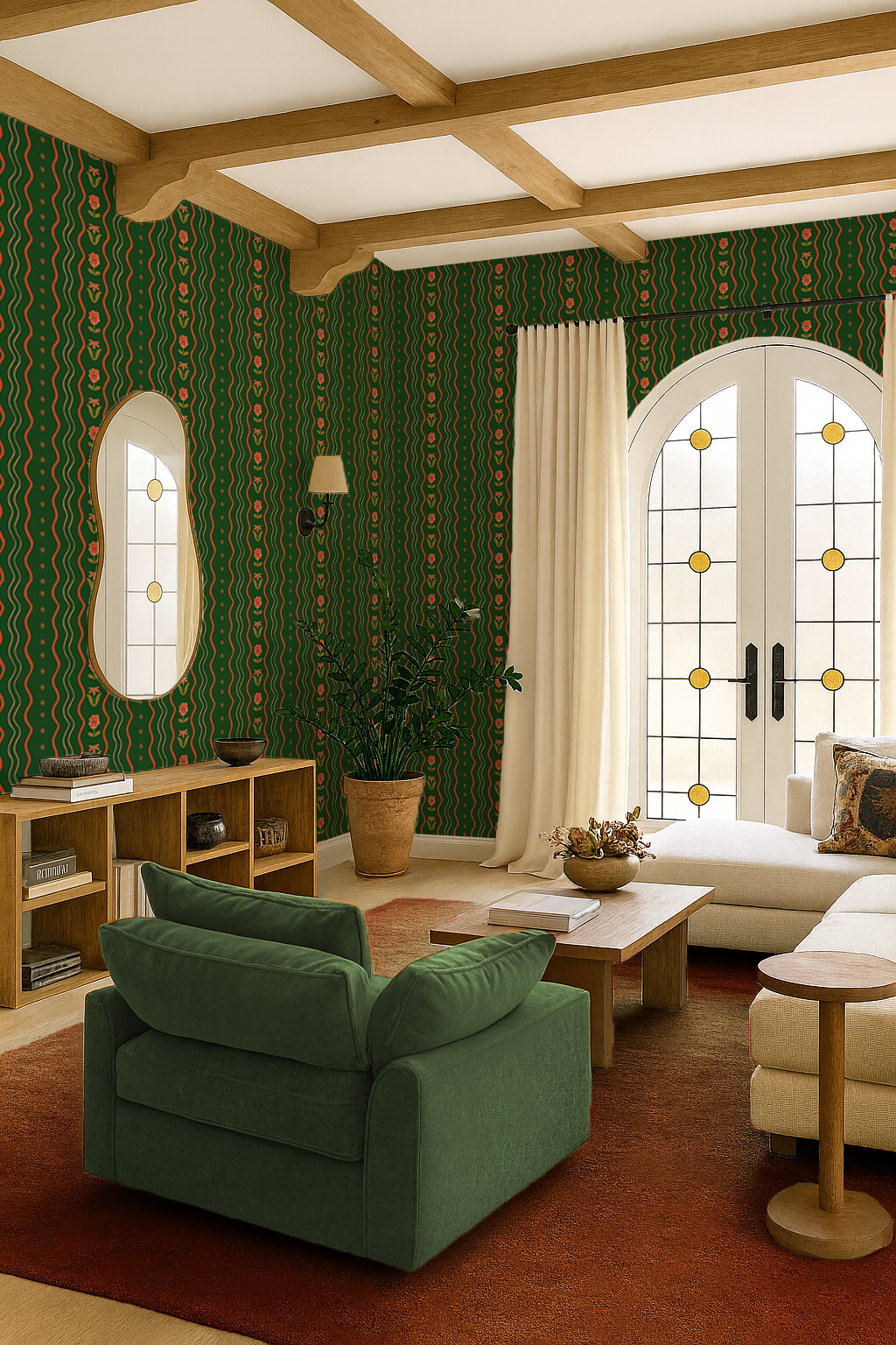 Posy Lane Stripe Wallpaper, dark green and poppy red-5