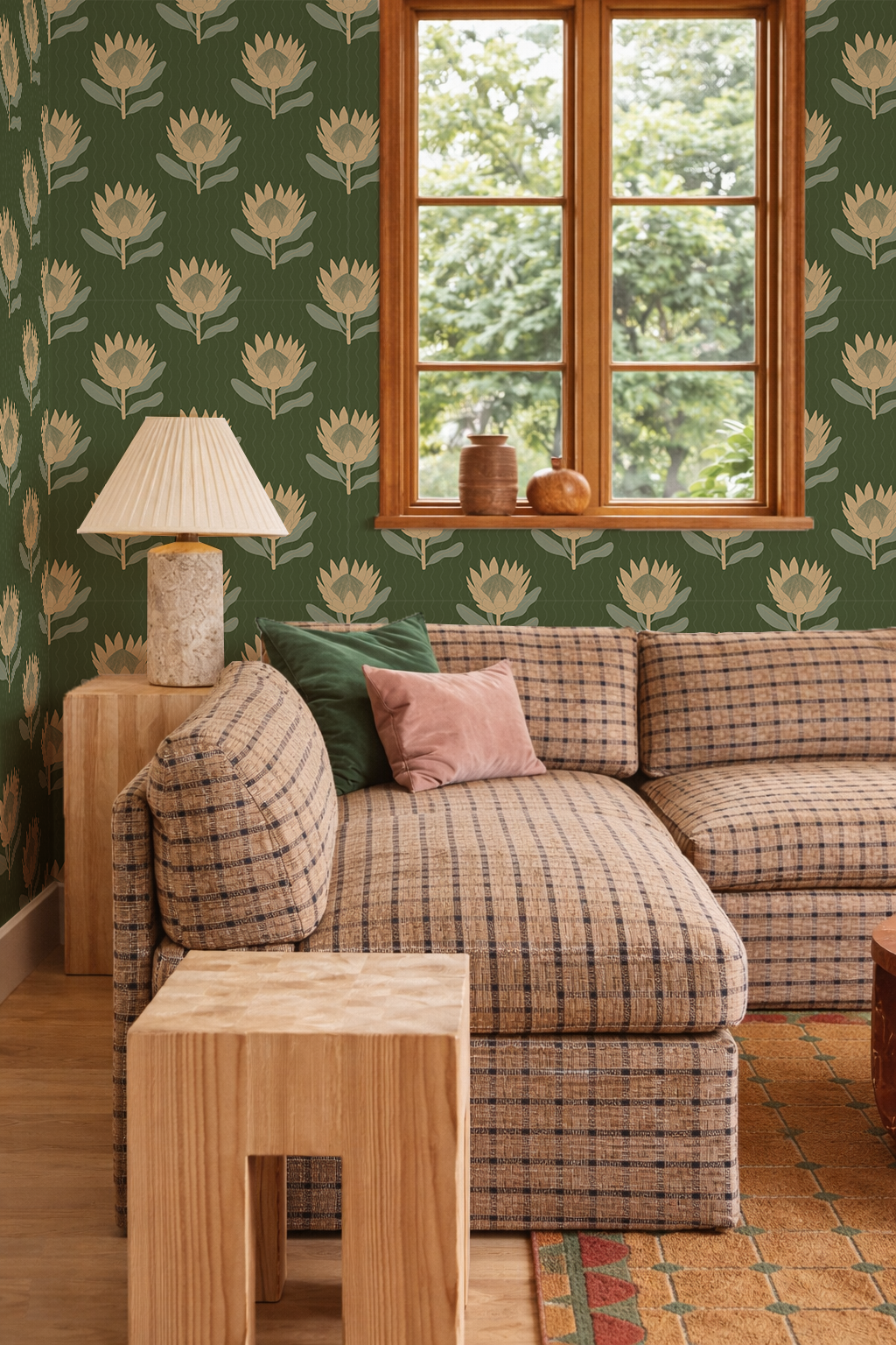 King Protea Wallpaper, forest green and butter yellow-5