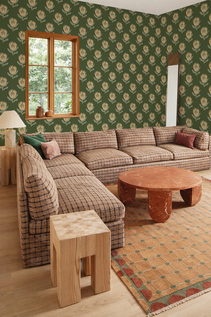King Protea Wallpaper, forest green and butter yellow-zoom-