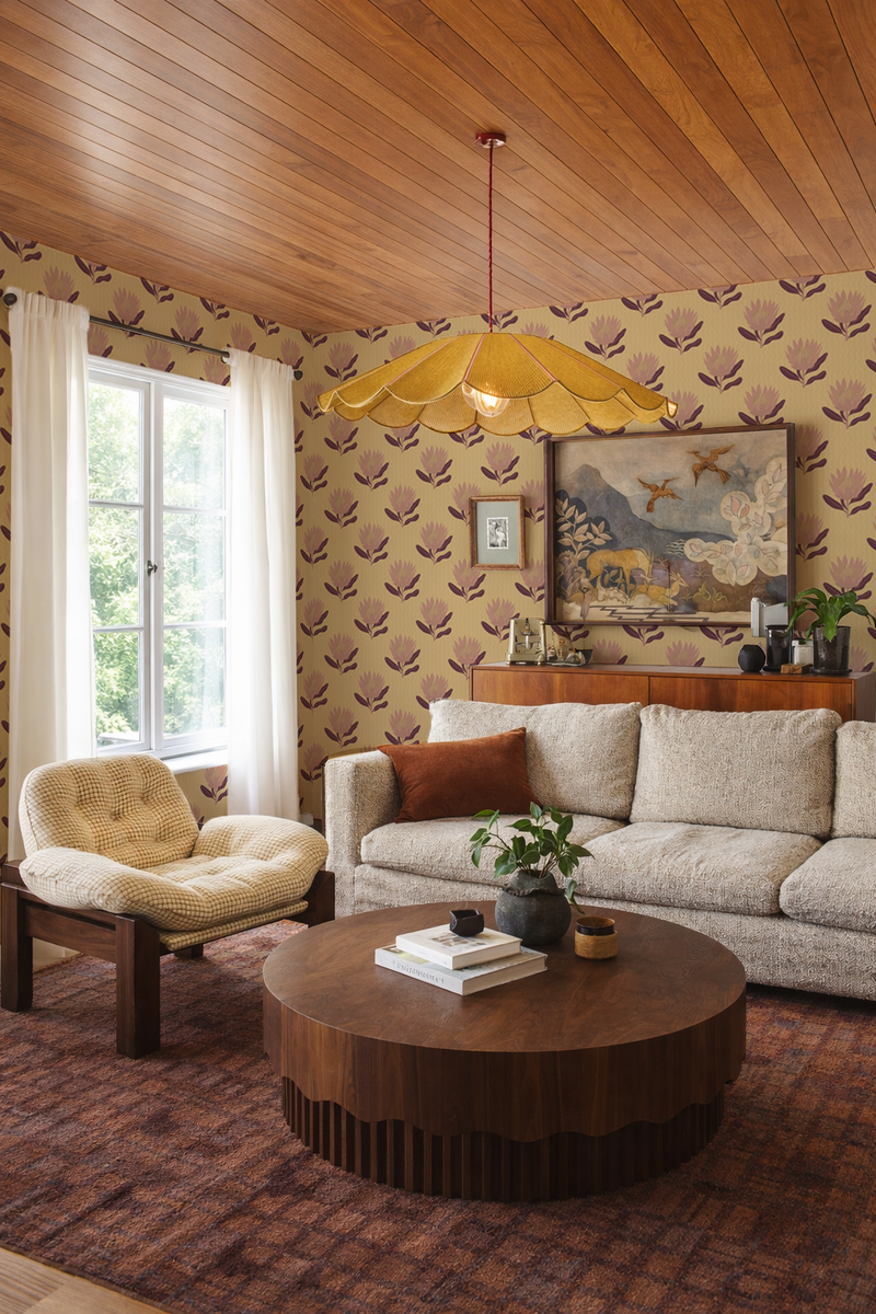 King Protea Wallpaper, butter yellow and mauve-zoom-