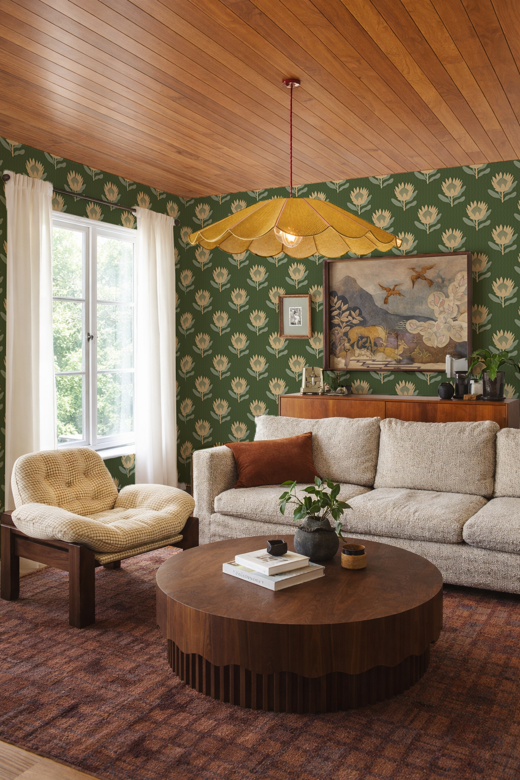 King Protea Wallpaper, forest green and butter yellow-1