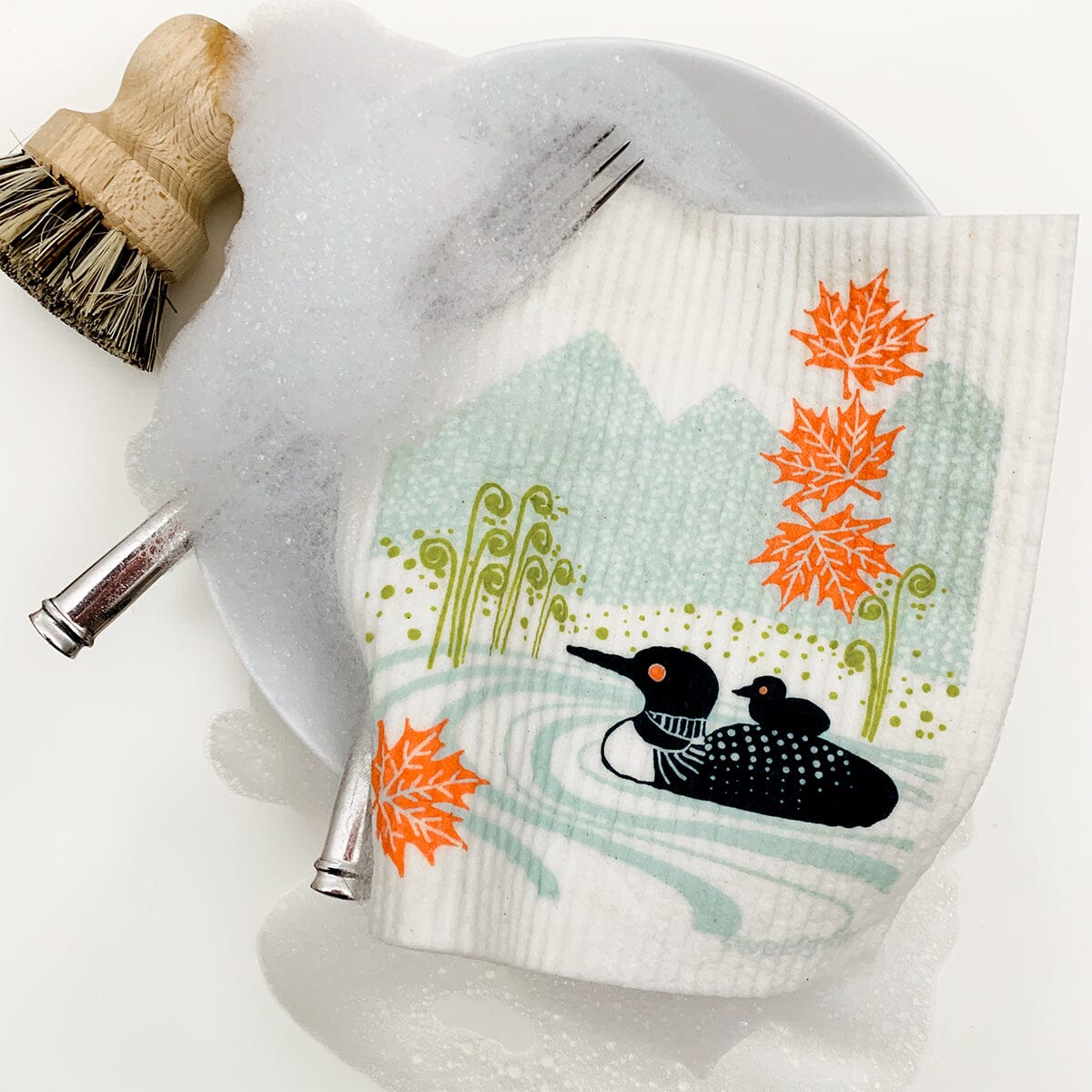 Loons on the Lake Swedish Dishcloth
