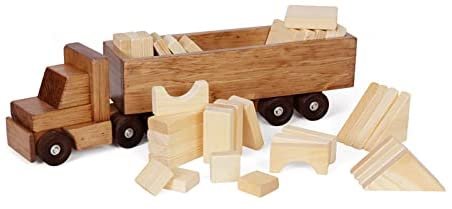 Wooden Semi Truck & Trailer Toy Set with 30 Blocks