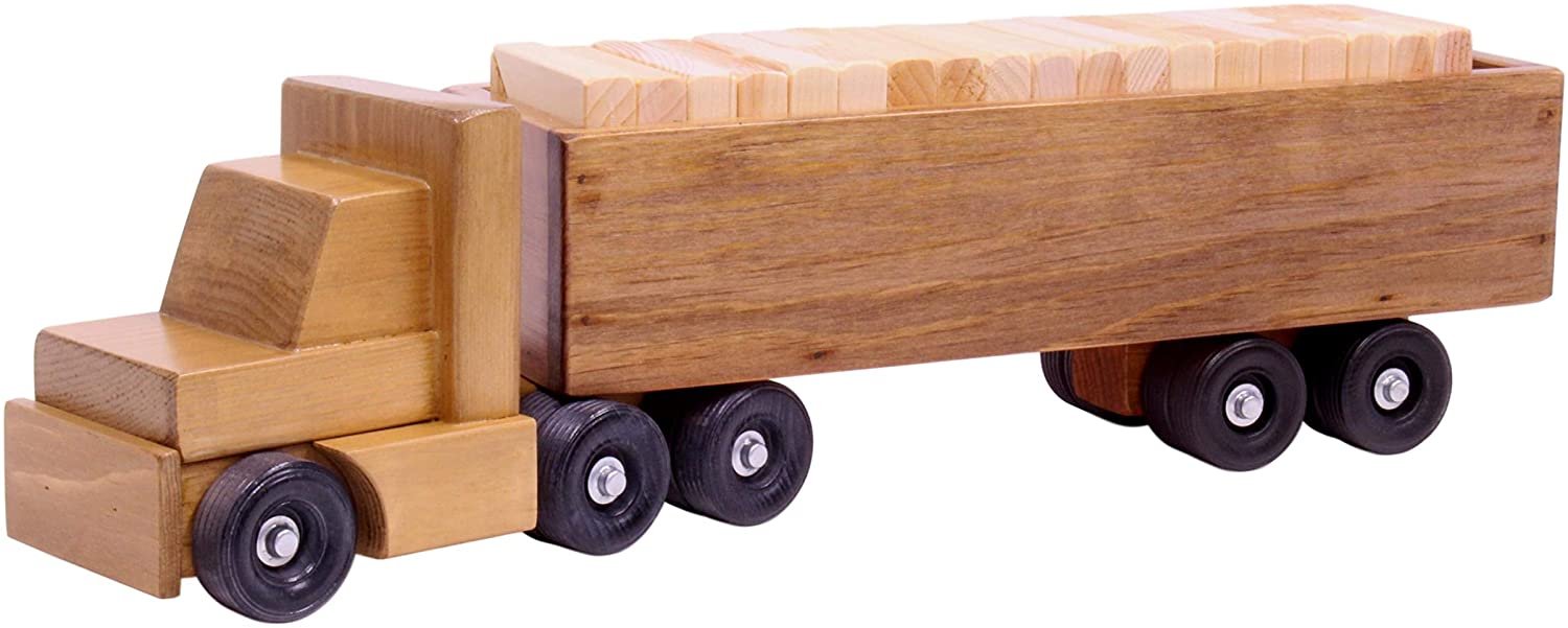 Wooden Semi Truck & Trailer Toy Set with 30 Blocks