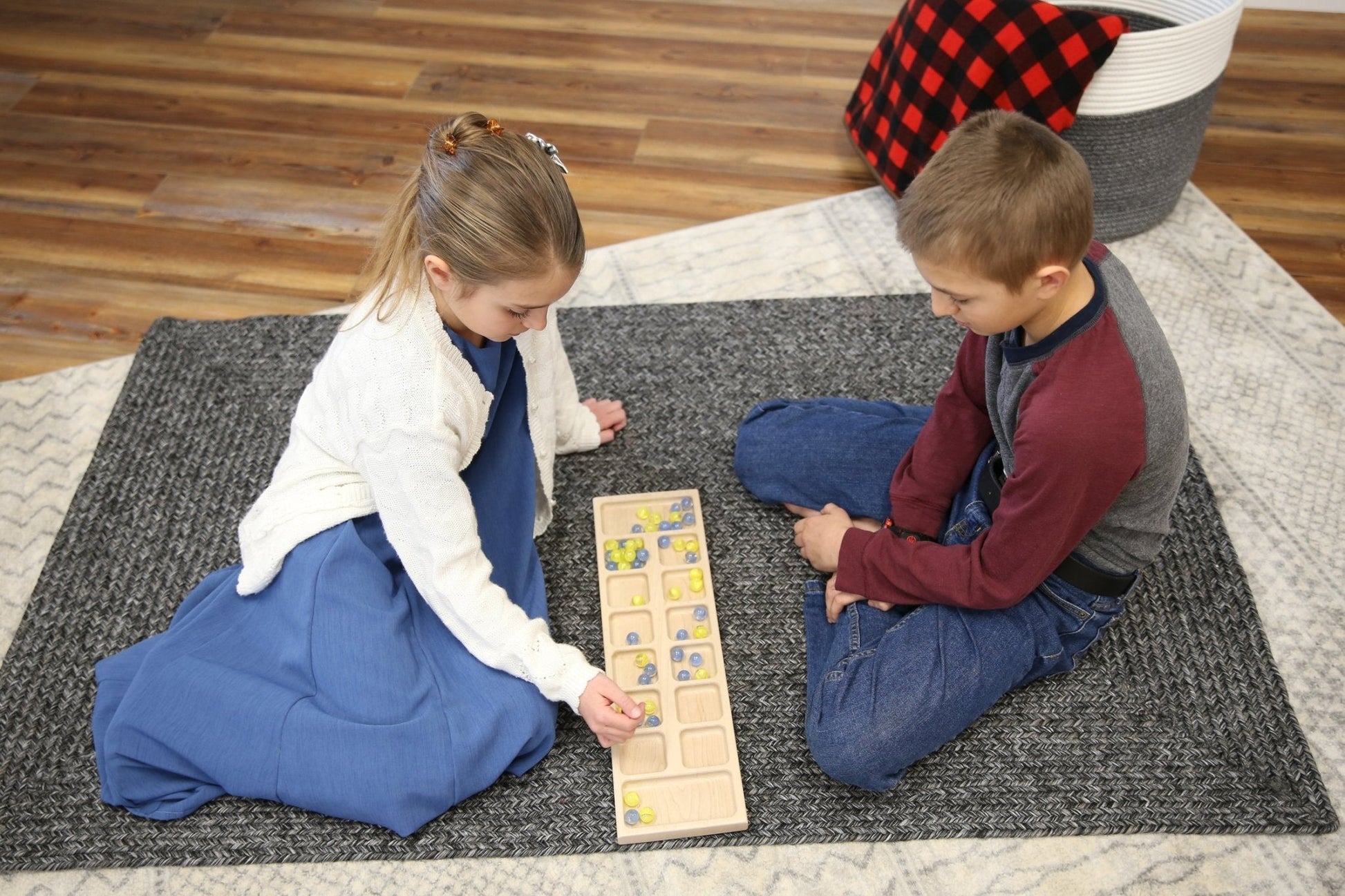 Solid Oak Wood Mancala Board Game Set with Marbles - Aware House - Amish Toy Box - 