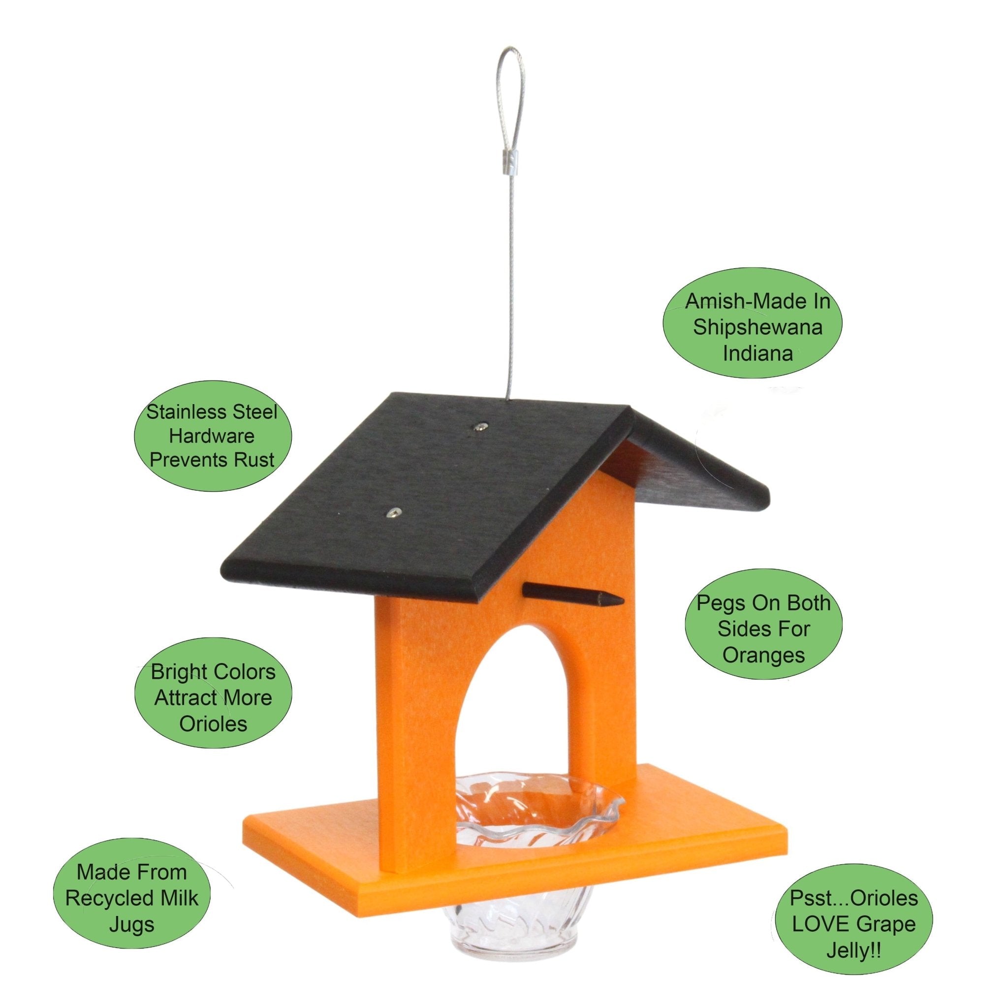 Hanging Oriole Jelly and Orange Bird Feeder | Eco-Friendly Poly Lumber - Aware House - Amish Toy Box -
