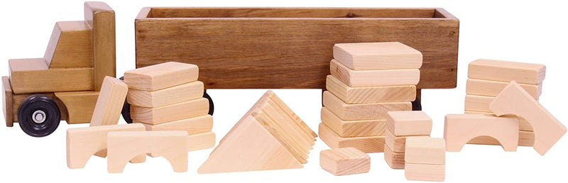Wooden Semi Truck & Trailer Toy Set with 30 Blocks-zoom-