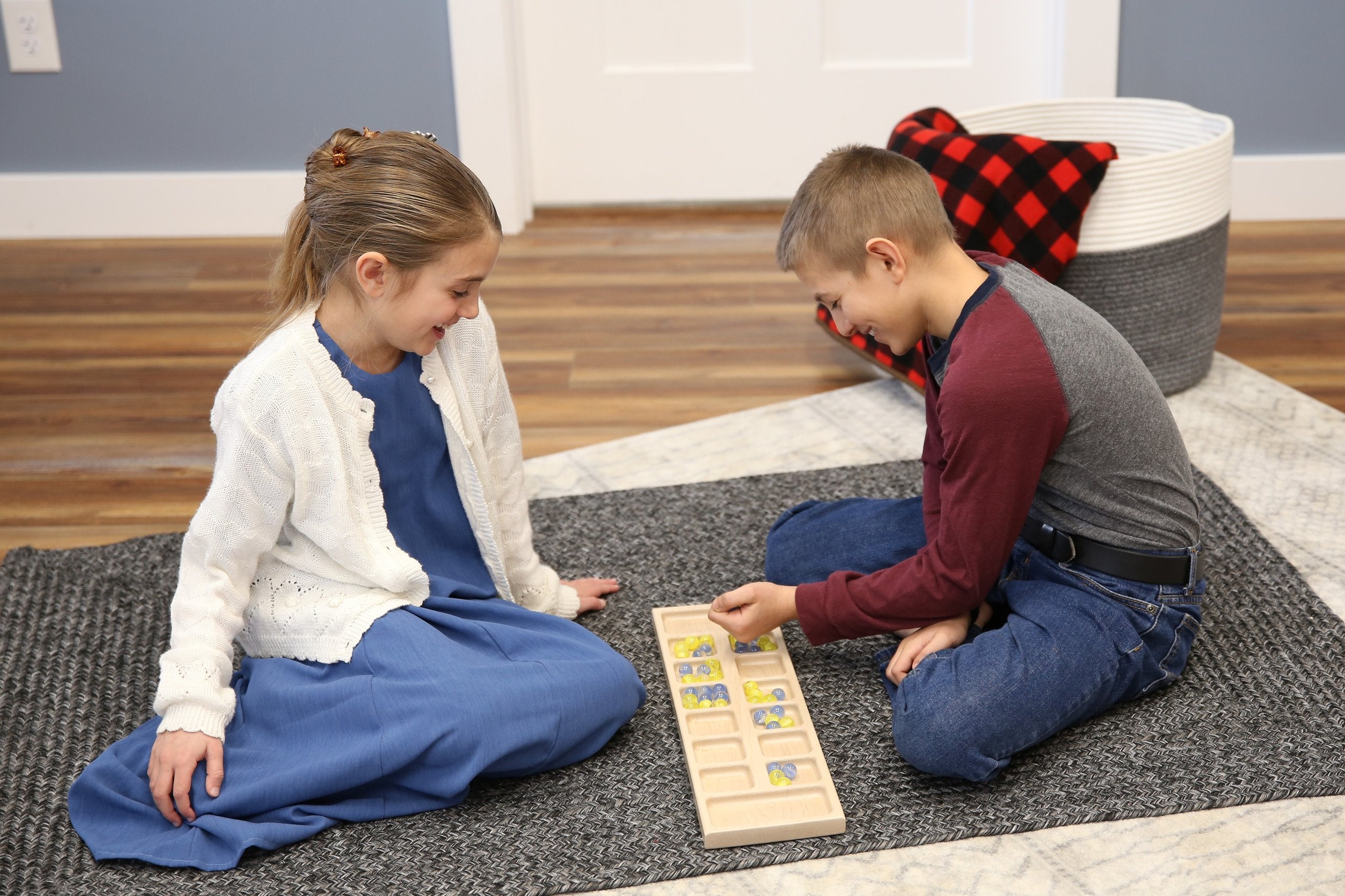 Solid Oak Wood Mancala Board Game Set with Marbles
