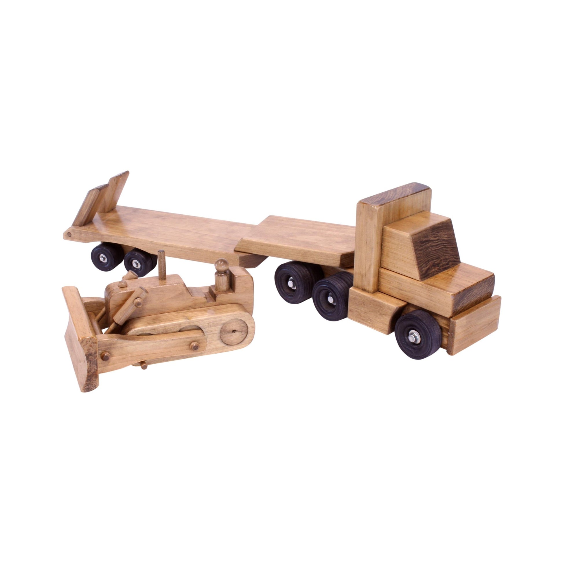 Amish-Made Wooden Semi Truck & Lowboy Trailer Set-4
