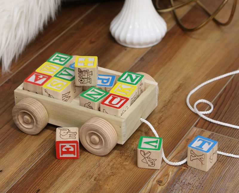Amish Wooden ABC Block Pull Wagon Toy-zoom-
