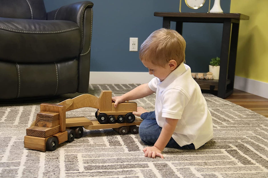 Amish-Made Wooden Truck & Lowboy Trailer Set