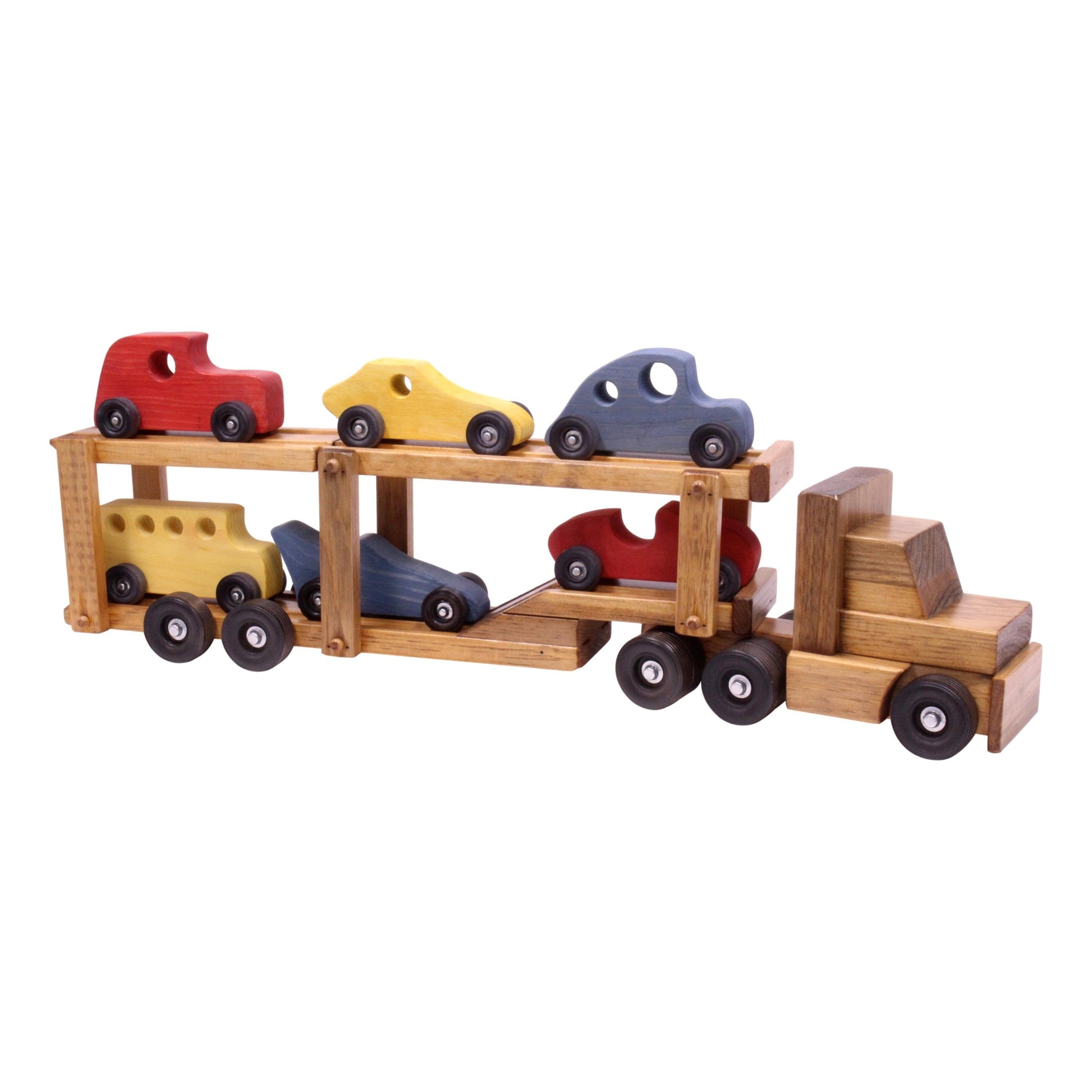 Wooden Car-Carrier Semi Truck & Trailer Toy Set with 6 Cars-1