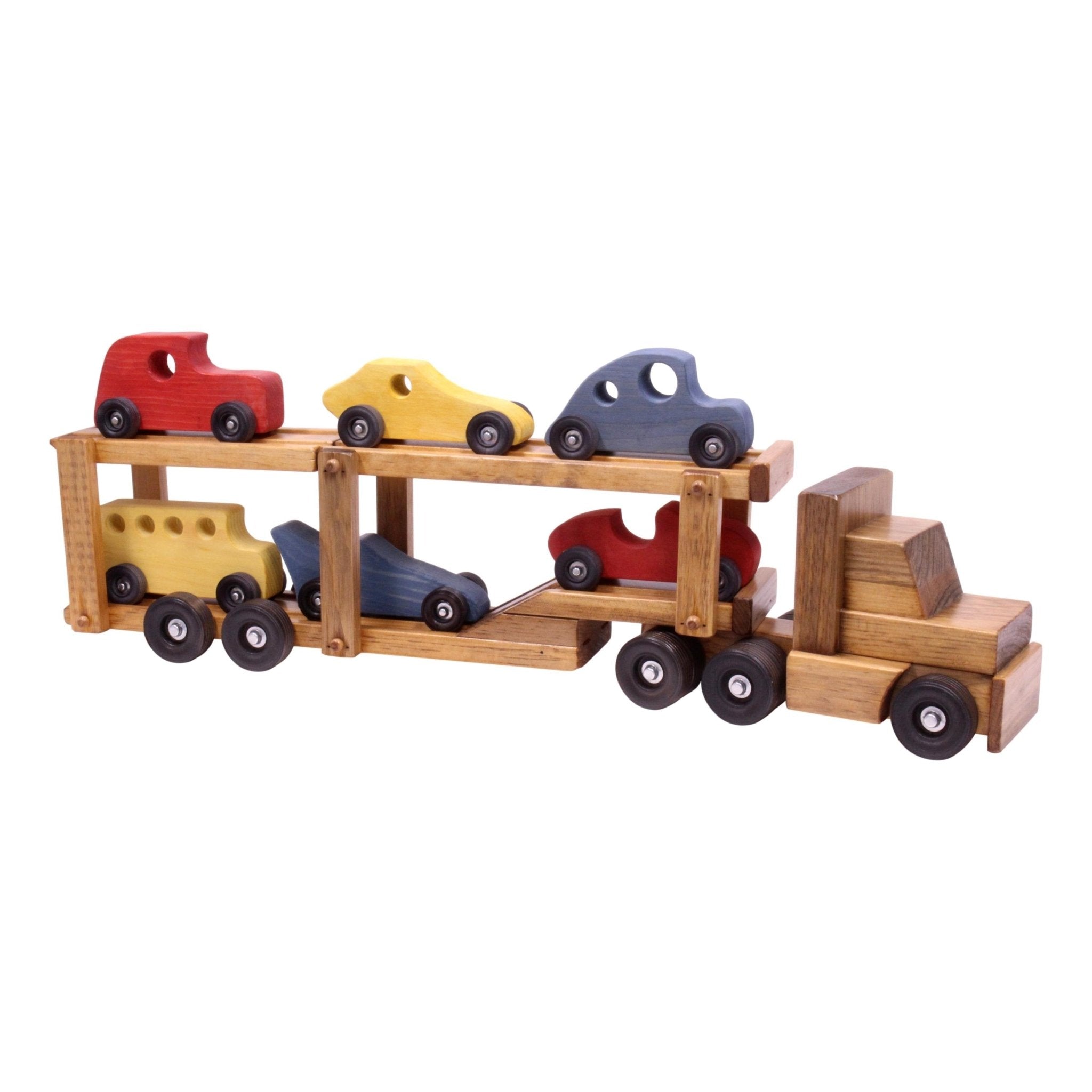 Wooden Car-Carrier Semi Truck & Trailer Toy Set with 6 Cars - Aware House - Amish Toy Box -