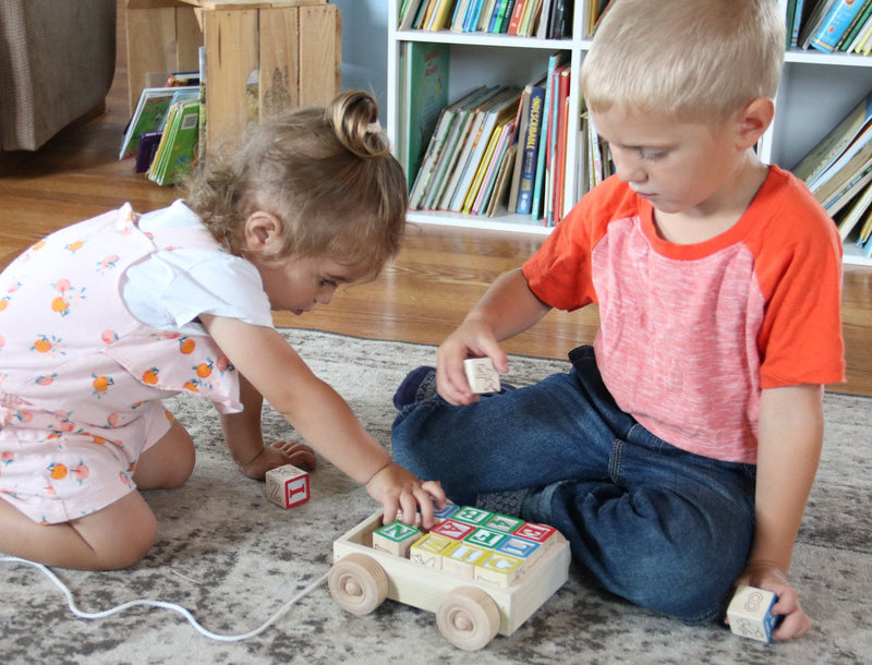 Amish Wooden ABC Block Pull Wagon Toy-zoom-