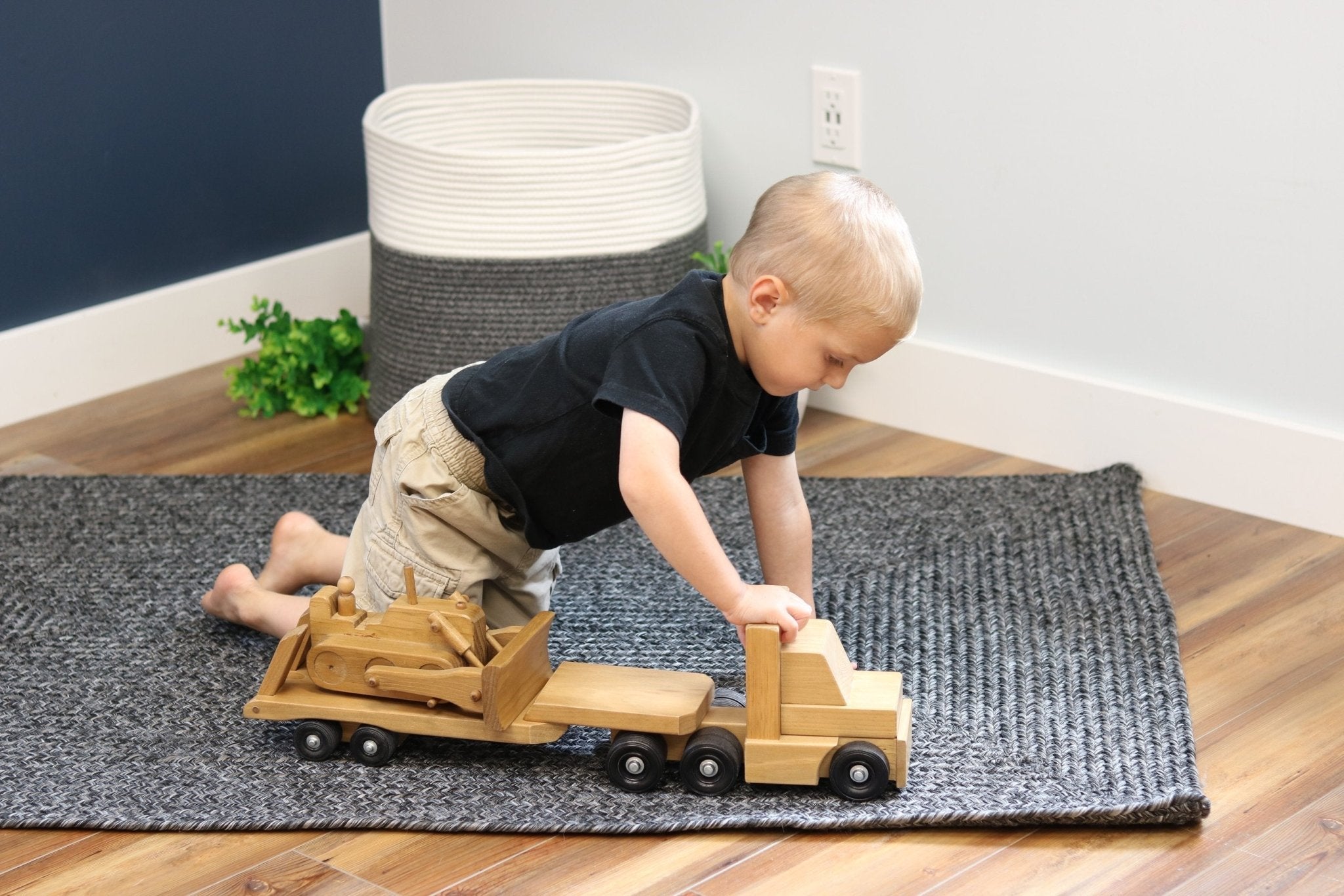 Amish-Made Wooden Semi Truck & Lowboy Trailer Set - Aware House - Amish Toy Box -