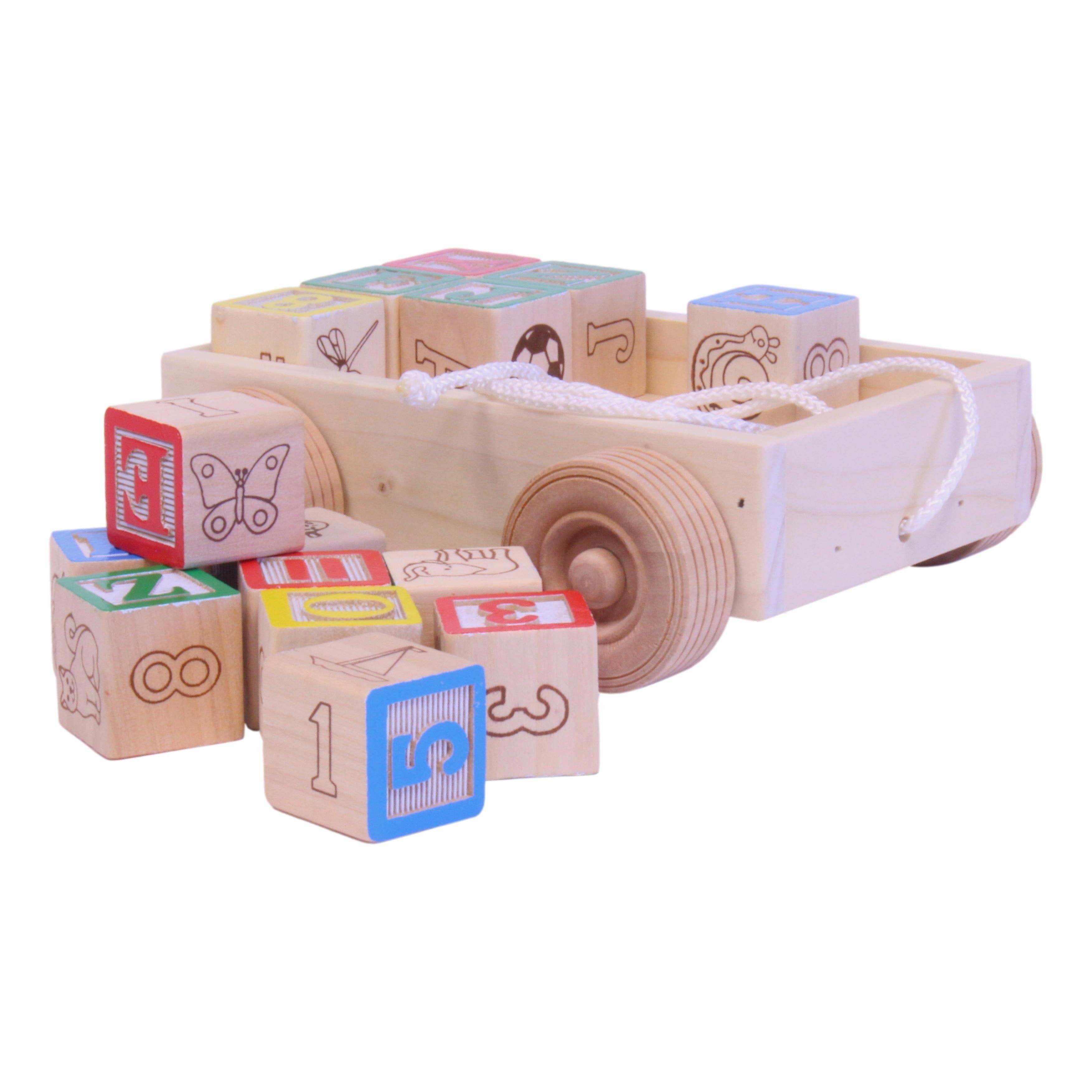 Amish Wooden ABC Block Pull Wagon Toy