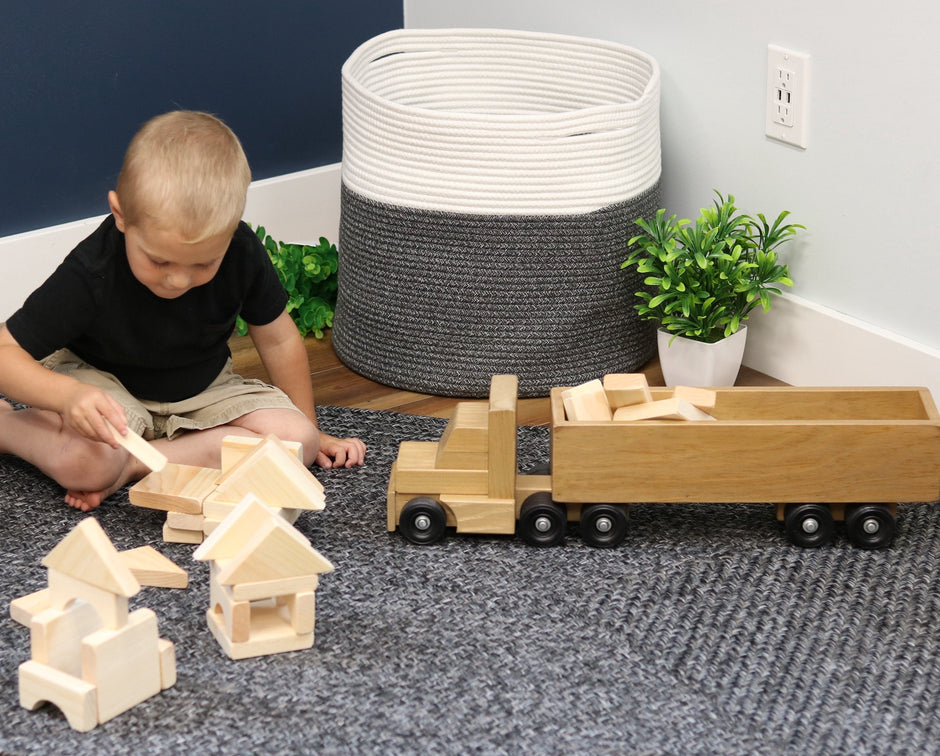 Wooden Semi Truck & Trailer Toy Set with 30 Blocks