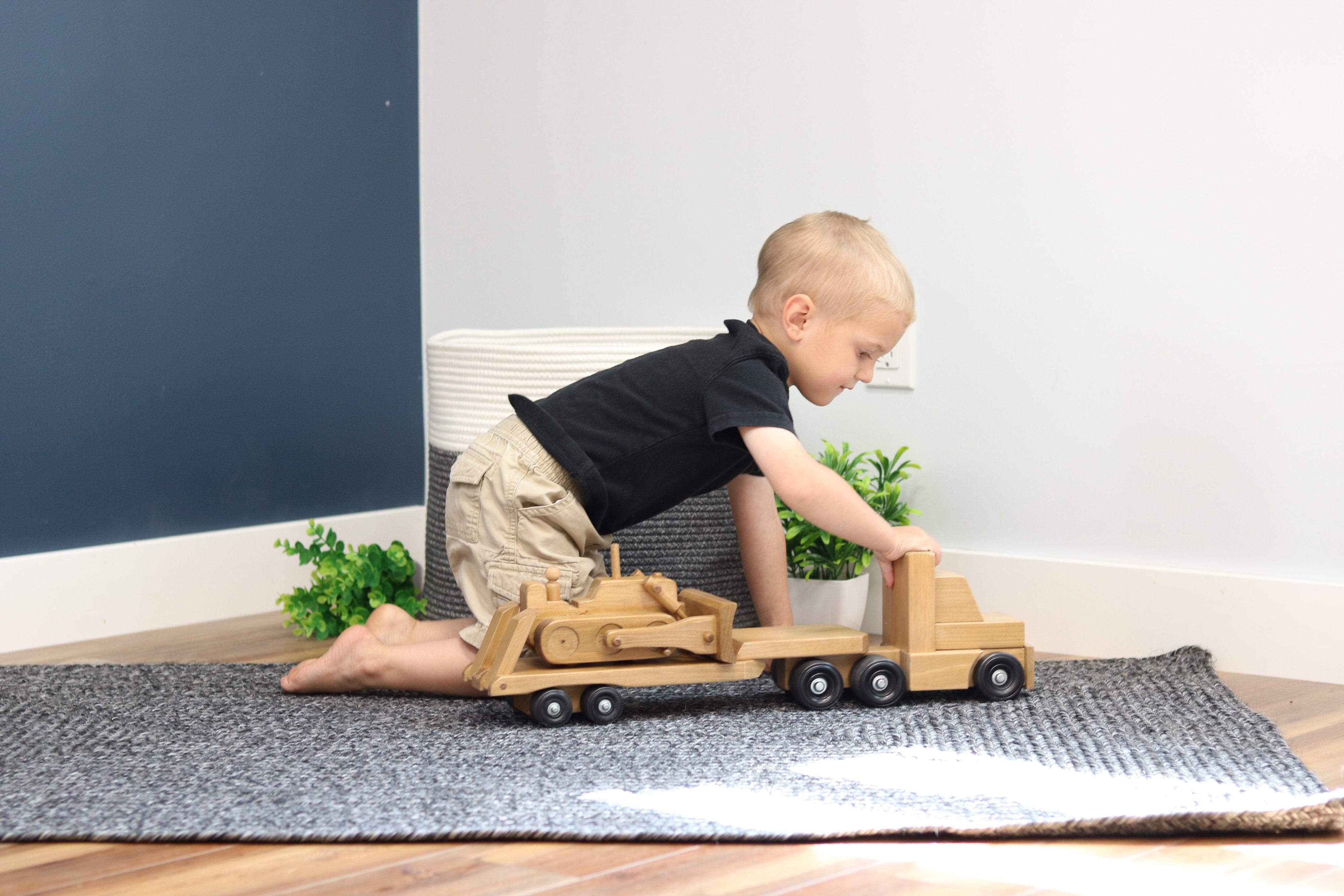 Amish-Made Wooden Semi Truck & Lowboy Trailer Set-zoom-5