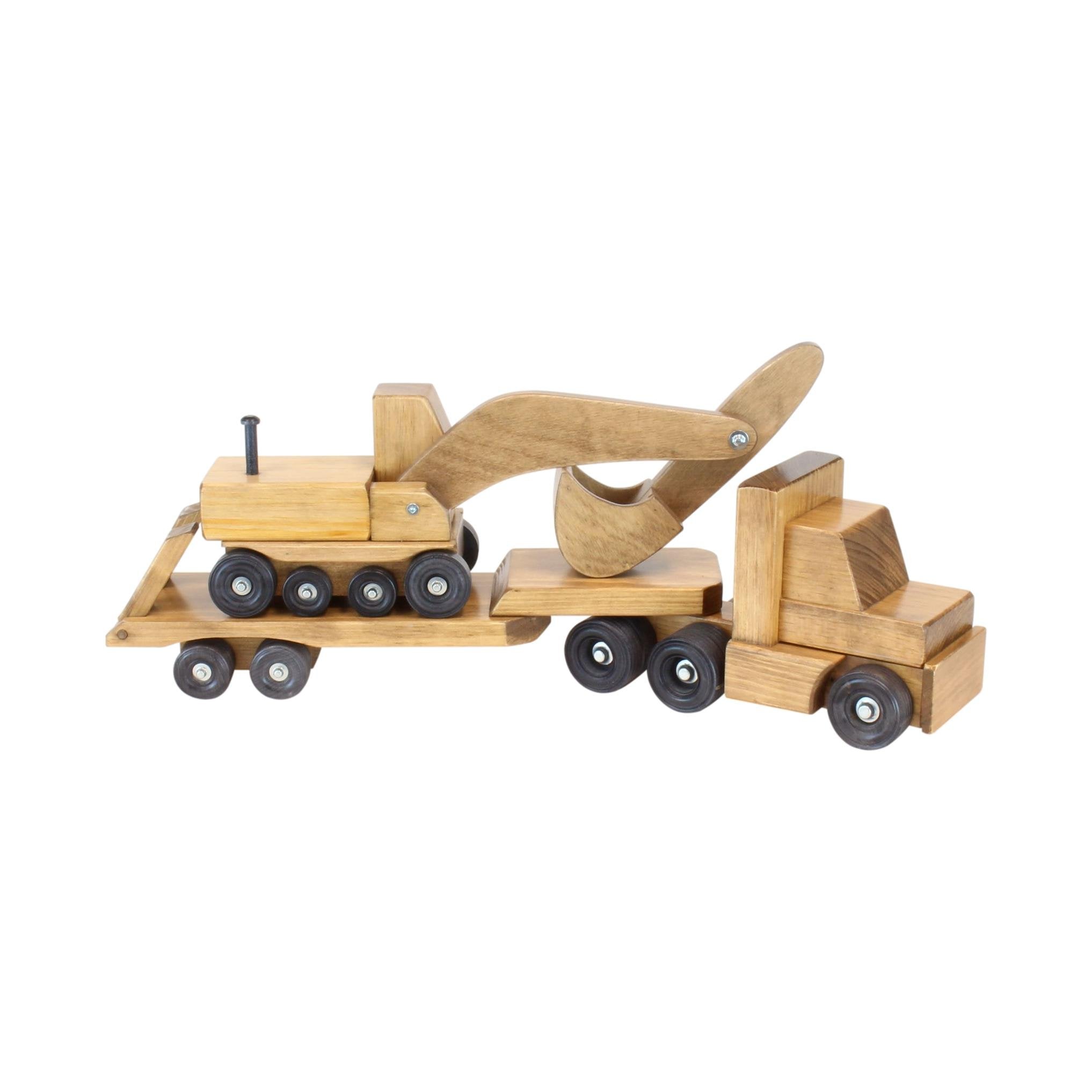 Amish-Made Wooden Truck & Lowboy Trailer Set