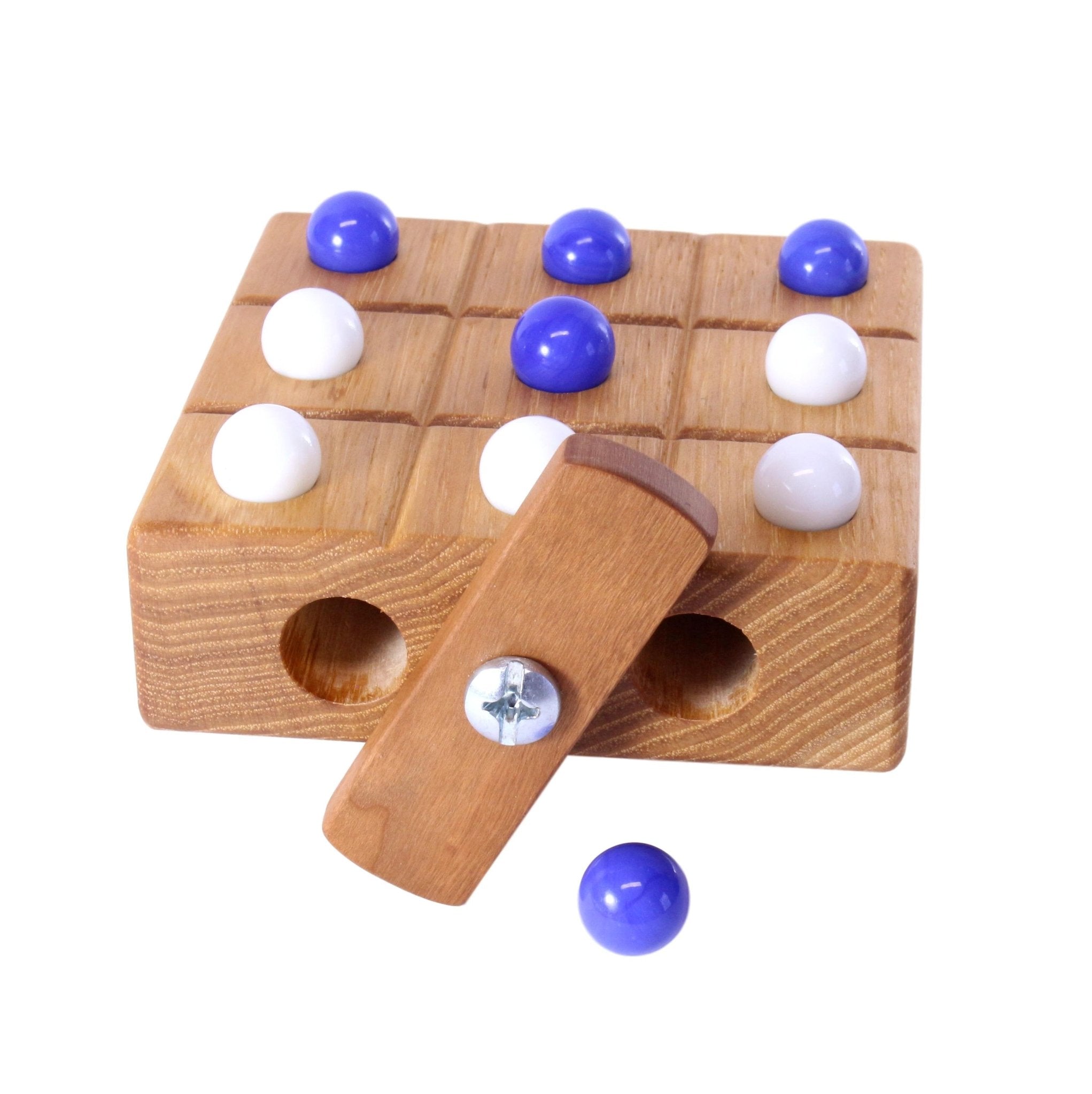 Wooden Marble Tic Tac Toe Game with Built - In Marble Storage - Aware House - Amish Toy Box - 