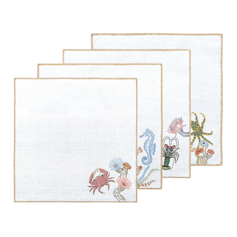 Hand Embroidered Marine Life Napkins | Set of 4-zoom-