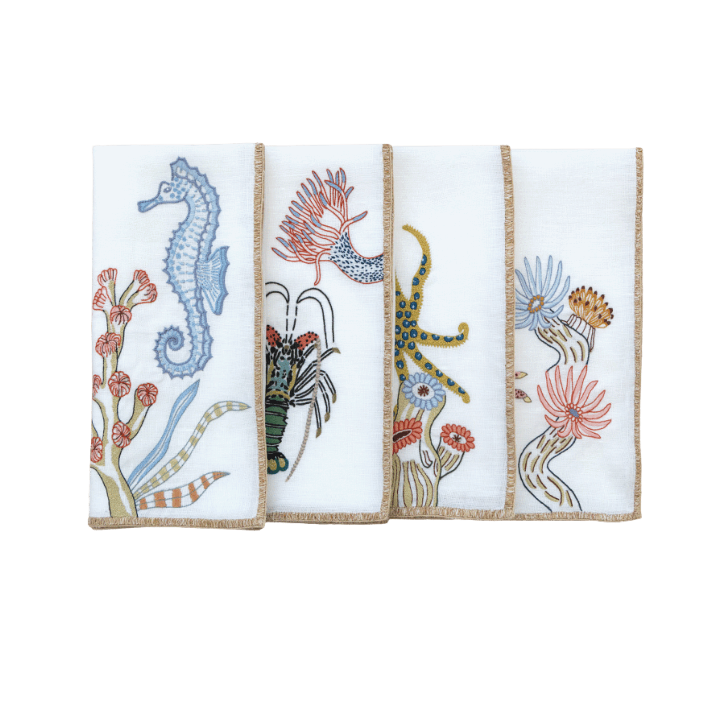 Hand Embroidered Marine Life Napkins | Set of 4