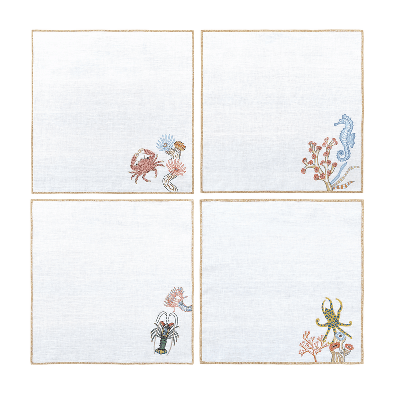 Hand Embroidered Marine Life Napkins | Set of 4-zoom-