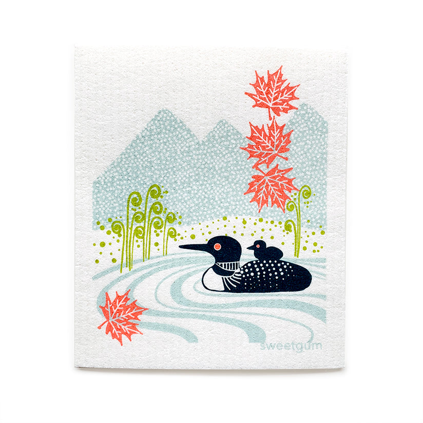 Loons on the Lake Swedish Dishcloth