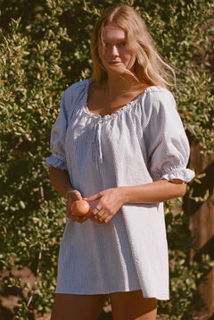 Portofino Dress | Blue & White Seersucker Pinstripe - Aware House - MERRITT CHARLES -