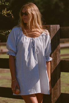 Portofino Dress | Blue & White Seersucker Pinstripe - Aware House - MERRITT CHARLES -