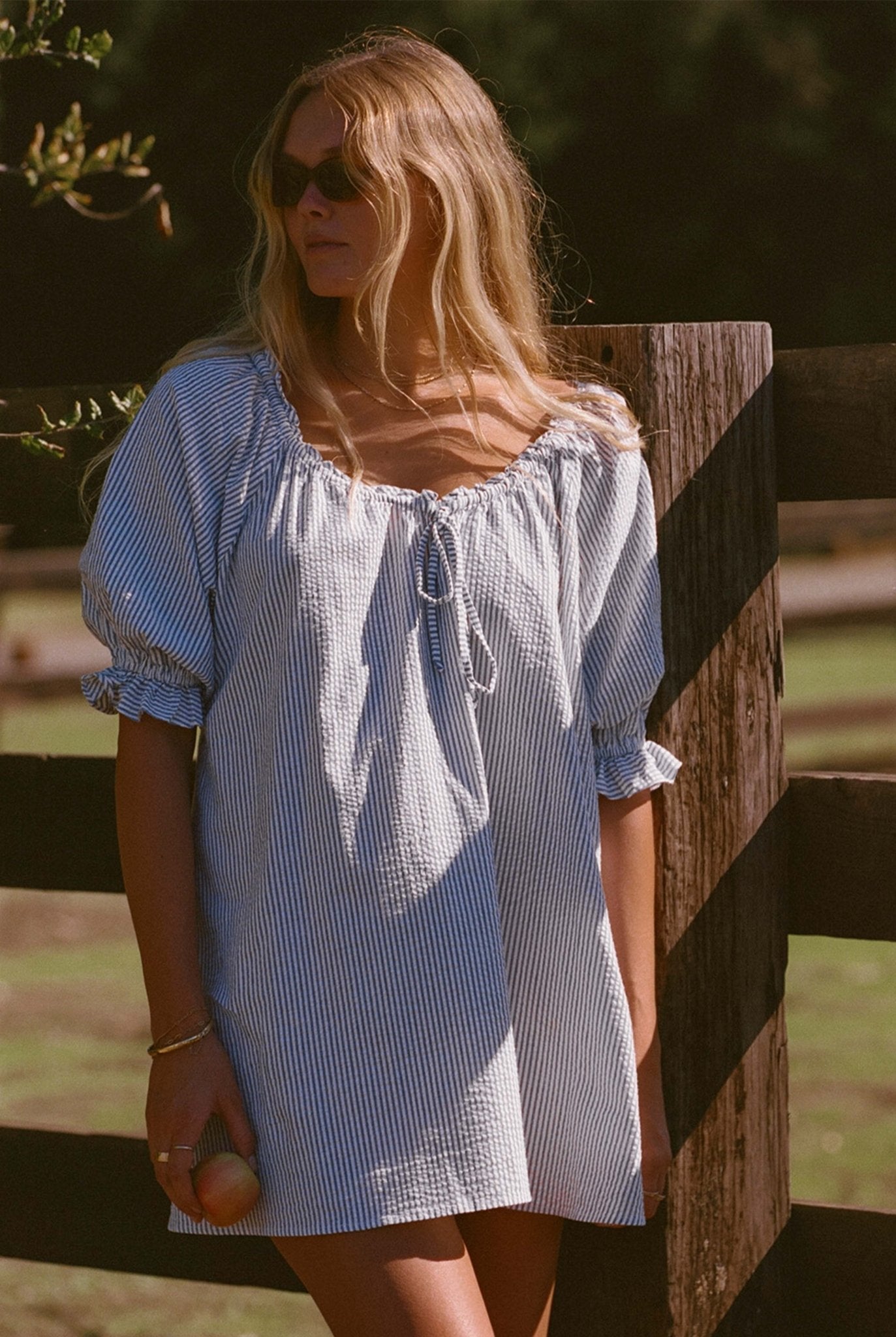 Portofino Dress | Blue & White Seersucker Pinstripe - Aware House - MERRITT CHARLES -