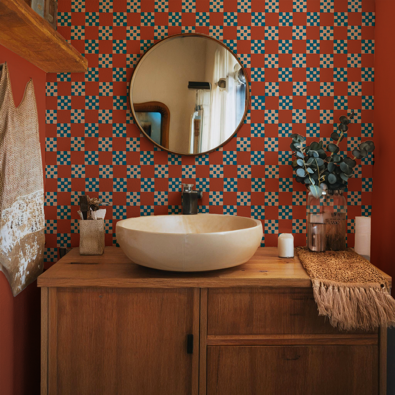 Checkered Quilt Wallpaper, rust, peach & blue-zoom-