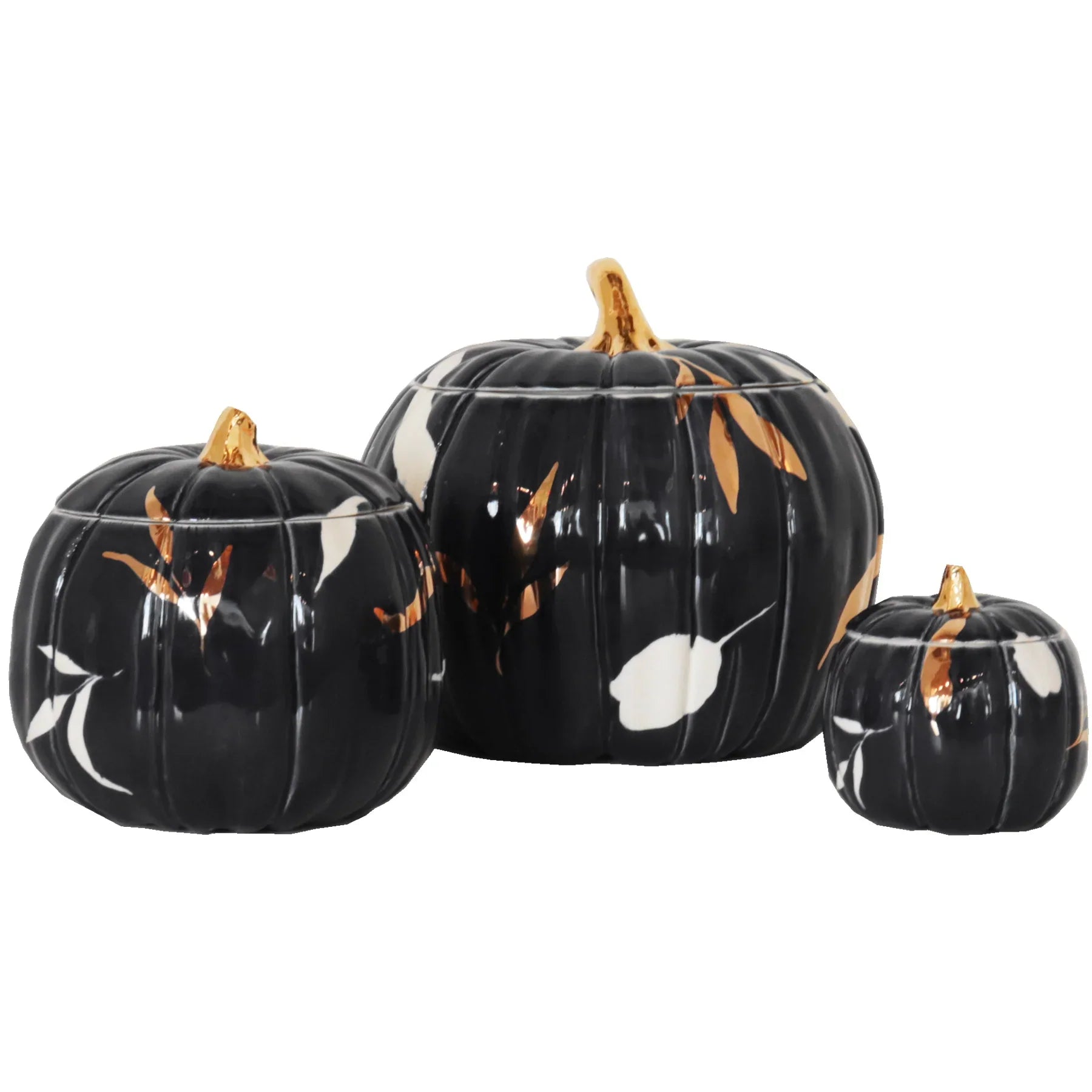 Layered Leaves Pumpkin Jars with 22K Gold Accents in Black-1