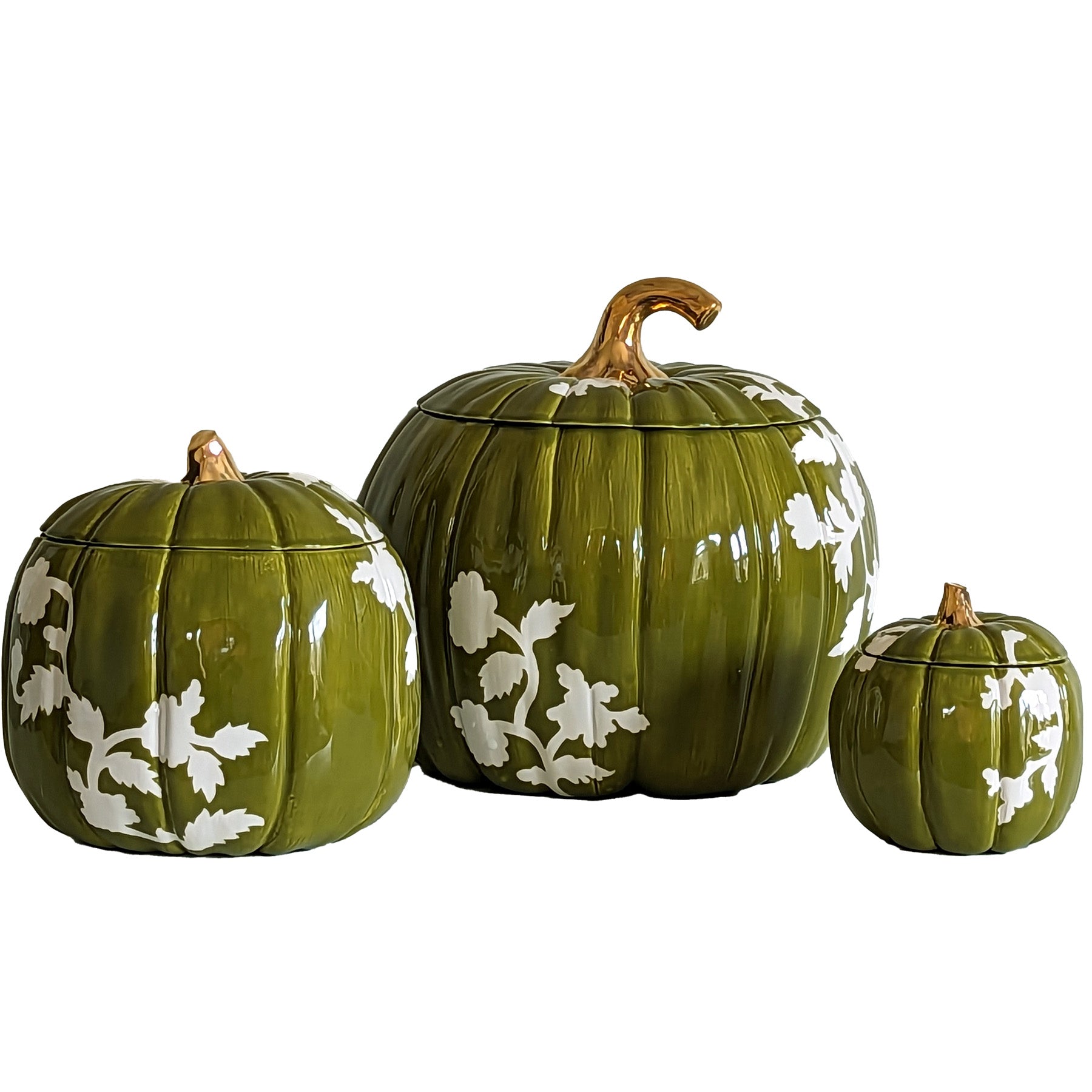 Chinoiserie Pumpkin Jars with 22K Gold Accents in Moss Green-1