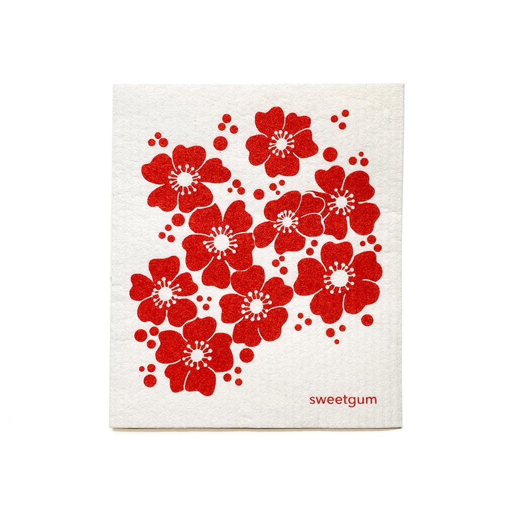 Red Flowers Swedish Dishcloth-1