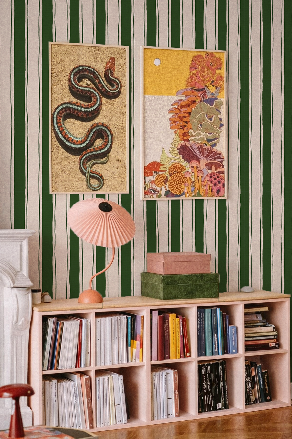Riviera Stripe Wallpaper, off-white and dark green-3