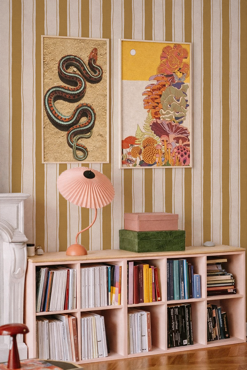 Riviera Stripe Wallpaper, off-white and mustard yellow-zoom-