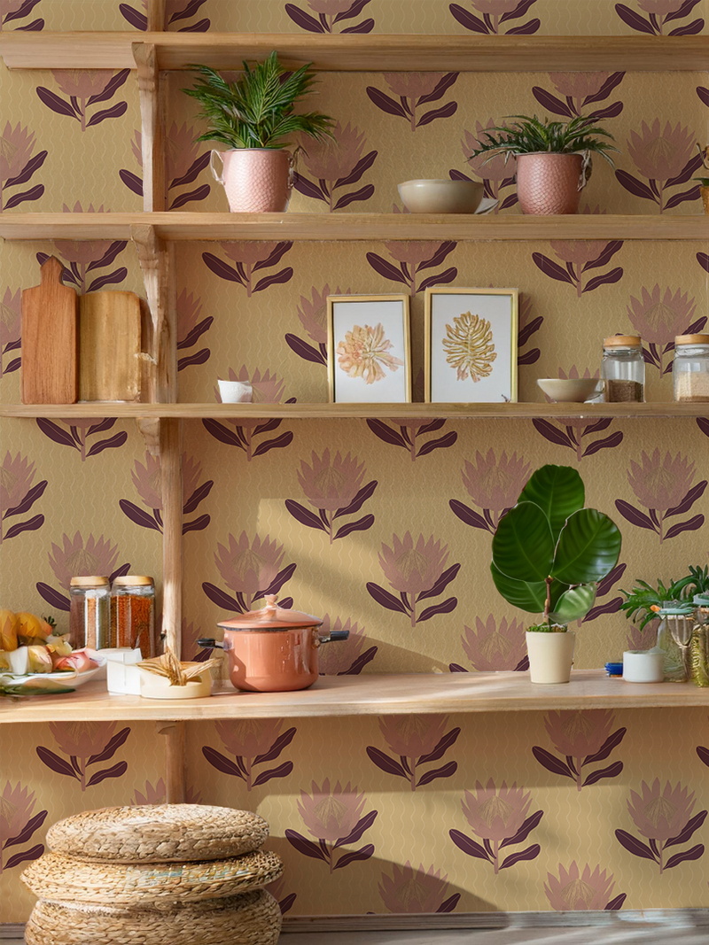 King Protea Wallpaper, butter yellow and mauve-zoom-