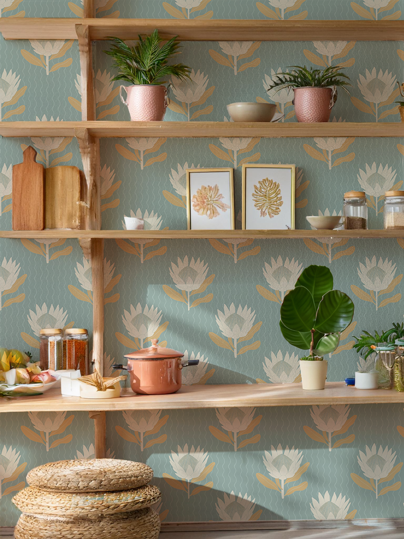 King Protea Wallpaper, Light Blue and Apricot-10